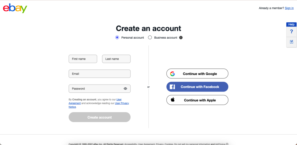 Sign Up Ebay